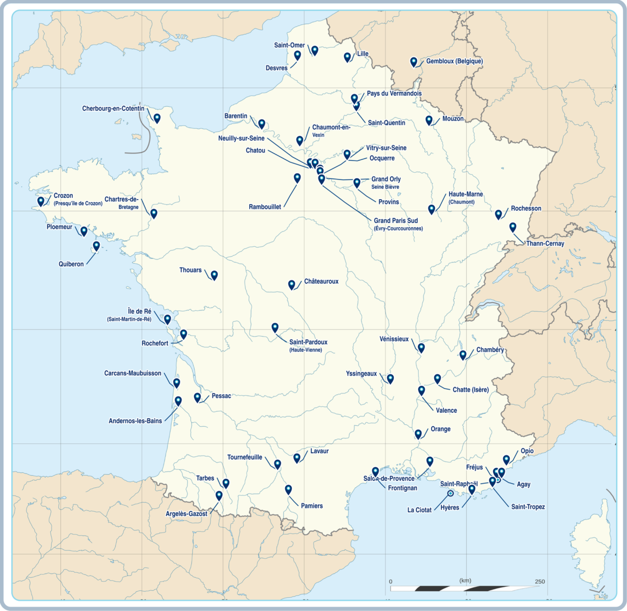 Carte des références AQUA PROXIMA en France métropolitaine et à Gembloux en Belgique ; liste des villes disponible ci-dessous