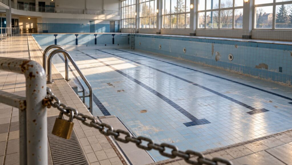 Illustration d’une piscine publique au bassin vide et aux carrelages usés, avec une chaîne et un cadenas au premier plan.