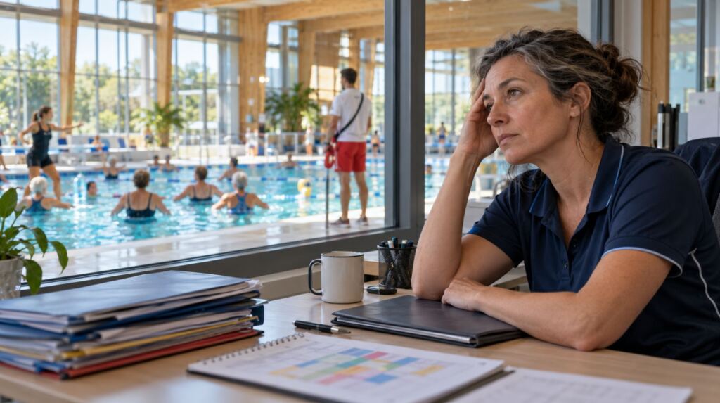 Agente de piscine à son bureau, exprimant de la fatigue, avec les activités du centre aquatique visibles à l’arrière-plan.