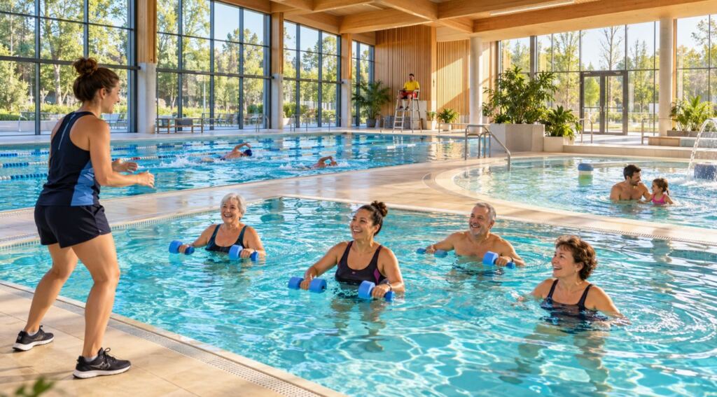 Piscine publique accueillant une séance d’aquagym, des nageurs et une famille dans des espaces adaptés à leurs usages.