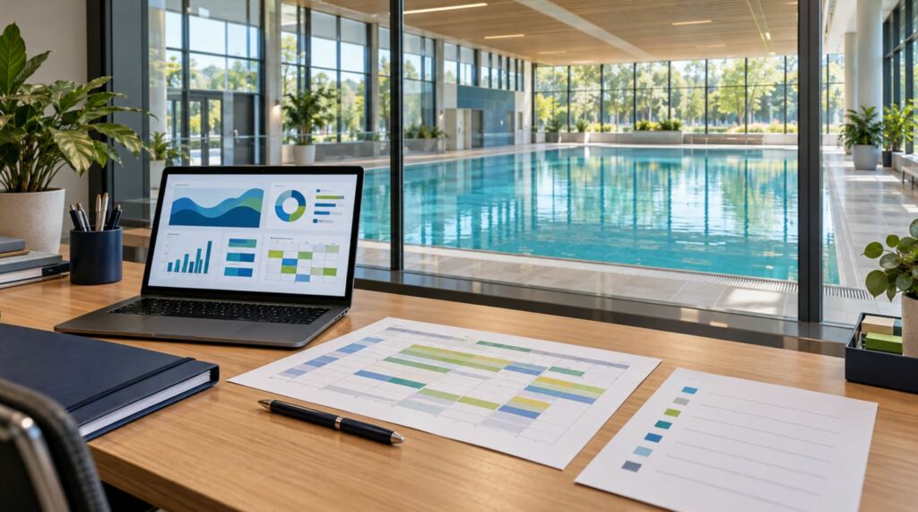 Outils de pilotage d’un directeur de piscine sur un bureau donnant sur un centre aquatique.
